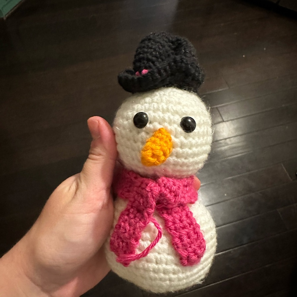 Crocheted Snowman with Pink Scarf and Black Hat